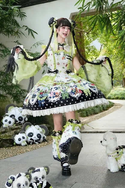 [Pre-order Deadline: October 25] Pink/Green Chinoiserie Lolita Sweet Panda Print Flutter Sleeve Lace Trim Dress + Detachable Flared Sleeves + Leg Covers