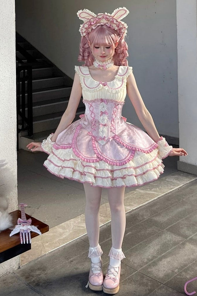 【12月17日予約締切】ピンクフローラルスイートロリータティアードドレス＋うさ耳ボンネット＋アクセサリー