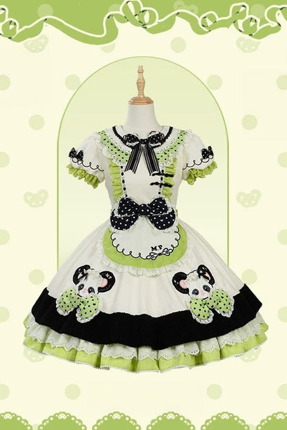 [Pre-order Deadline: October 25] Pink/Green Chinoiserie Lolita Sweet Panda Appliqué Puff Sleeve Polka Dot Bow Apron Dress