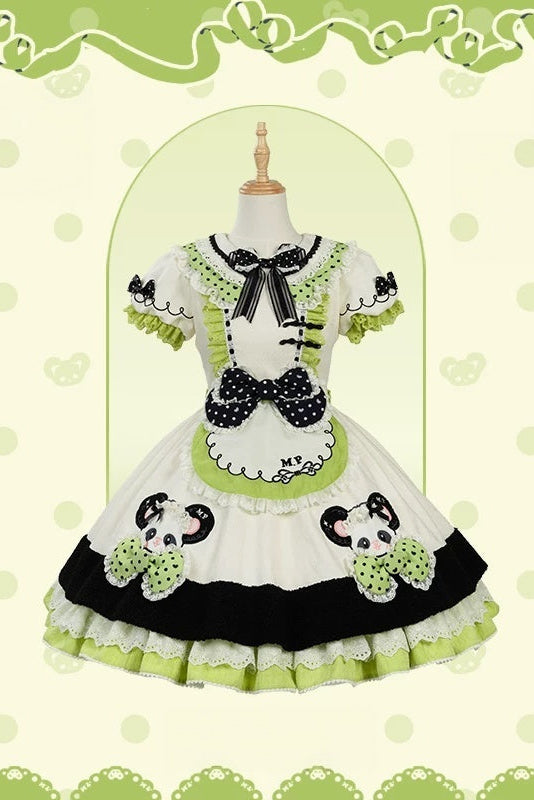 [Pre-order Deadline: October 25] Pink/Green Chinoiserie Lolita Sweet Panda Appliqué Puff Sleeve Polka Dot Bow Apron Dress