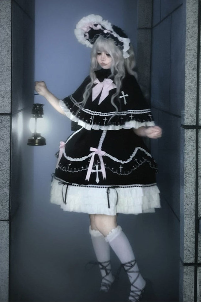 【10月4日予約締切】Black Pink Gothic-Inspired Sweet Lolita Ribbon Ruffle Dress＋Cross Embroidery Ribbon Cape