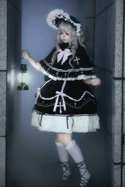 【10月4日予約締切】Black Pink Gothic-Inspired Sweet Lolita Ribbon Ruffle Dress＋Cross Embroidery Ribbon Cape
