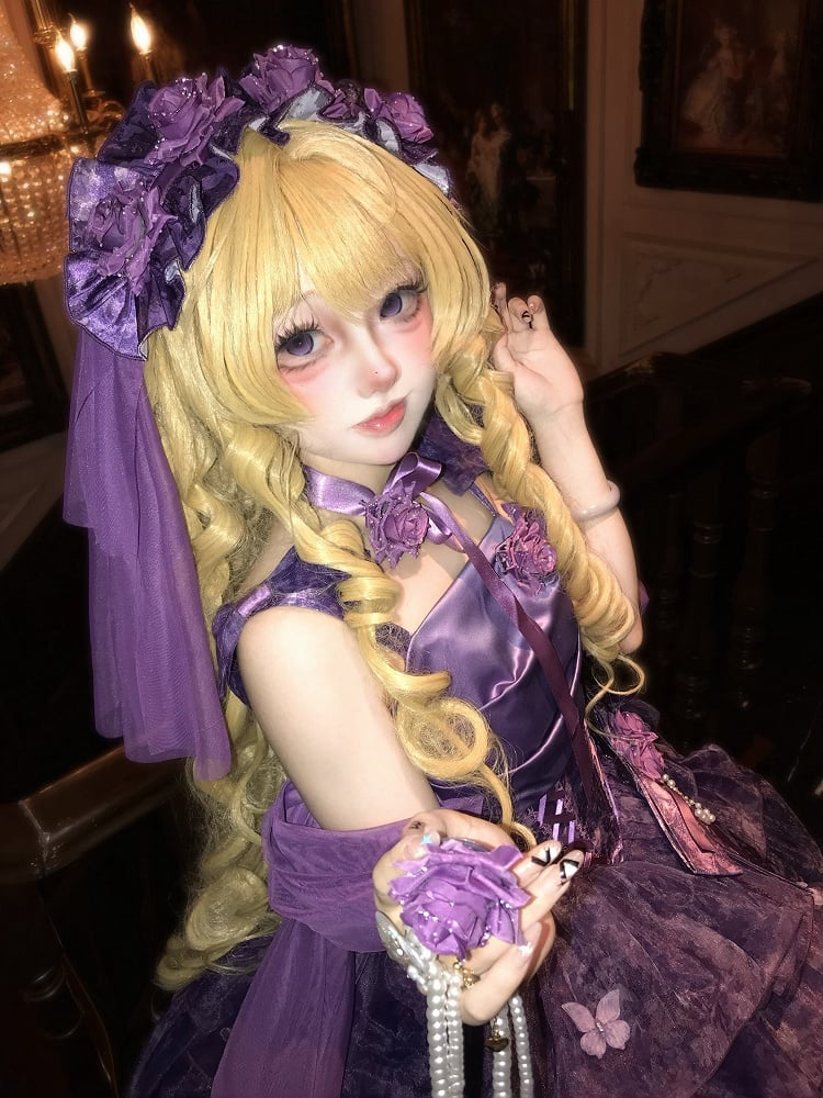 [Pre-order Deadline: May 23] Wisteria Purple Series Hairband Veil + Back Bow Train + Choker + Off-Shoulder Shawl Sleeves