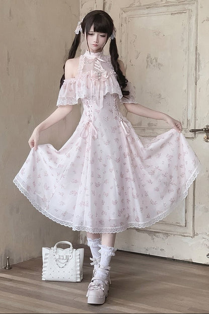 [Preorder Deadline: June 15] Pink Floral Chiffon Lace Jeweled Ribbon Open-Shoulder Long Dress