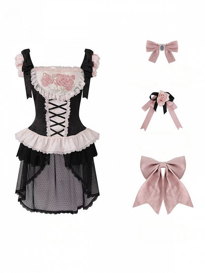 【10月10日予約締切】Black Pink Romantic Rose Castle Classic Lolita Bustier Top Castle Print Pleated Skirt Set-up + Complete Set(Rose Ribbon Lace Hat + Ribbon Hair Clip Included)