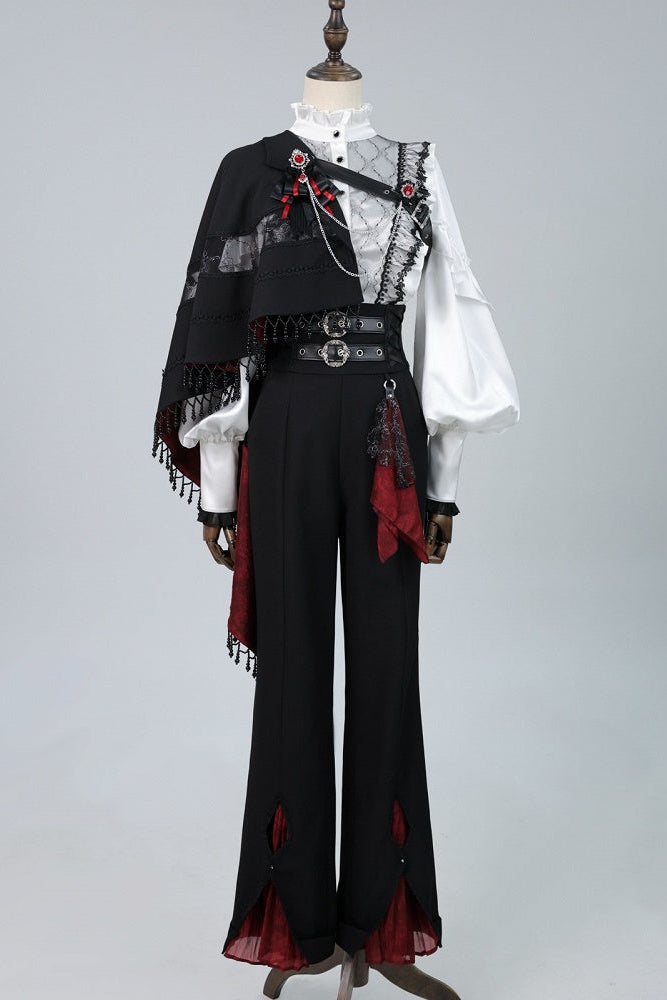 【10月2日予約締切】Gothic Knight Prince Lolita Victorian Lace Ruffle Shirt +Jewel Jabot Tie + Vintage Buckle Crimson Panel Pants (With Detachable Decorative Handkerchief)