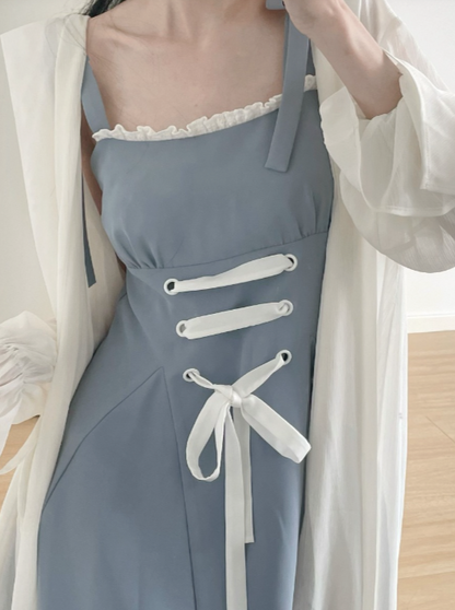 Blue-White Draped Sheer Chiffon Shirt + Strappy Suspender Skirt