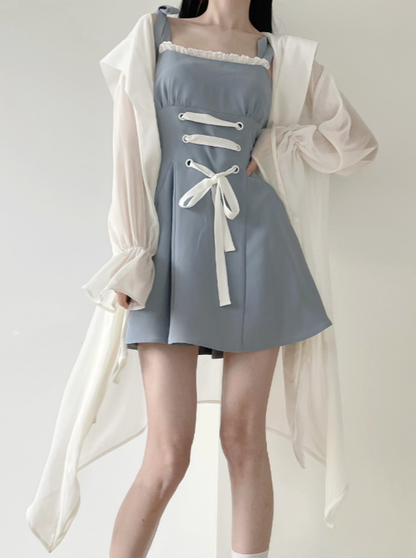 Blue-White Draped Sheer Chiffon Shirt + Strappy Suspender Skirt