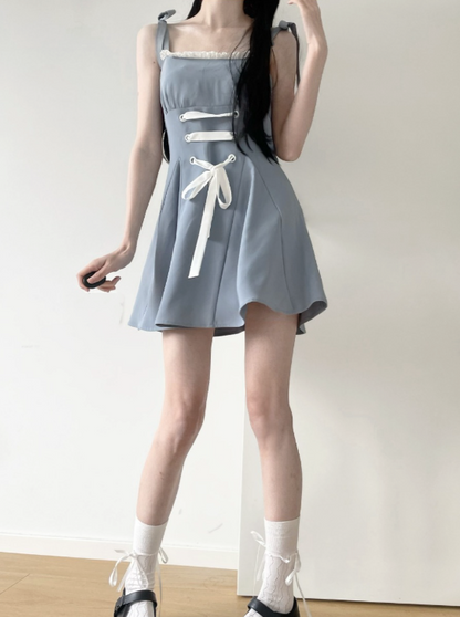 Blue-White Draped Sheer Chiffon Shirt + Strappy Suspender Skirt