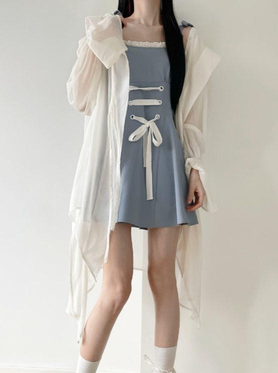 Blue-White Draped Sheer Chiffon Shirt + Strappy Suspender Skirt