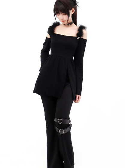 Top noir à col en fourrure + pantalon évasé à ceinture + robe en fourrure + jupe transparente