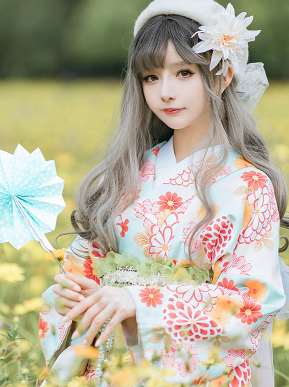 Colorful Flower Print Yukata 9-Piece Set