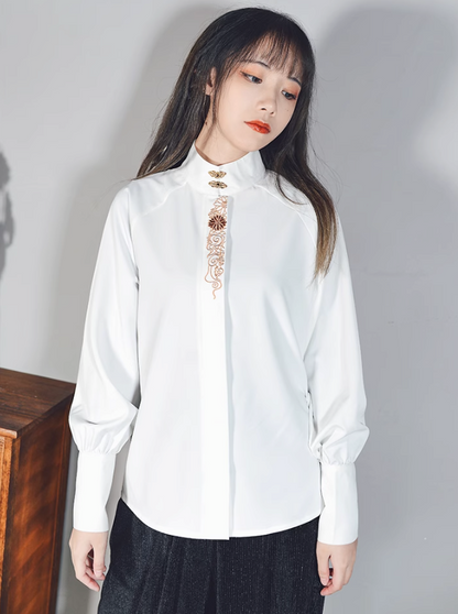 Embroidered stand collar volume sleeve shirt