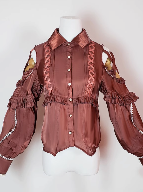 open ribbon shoulder frill shirt