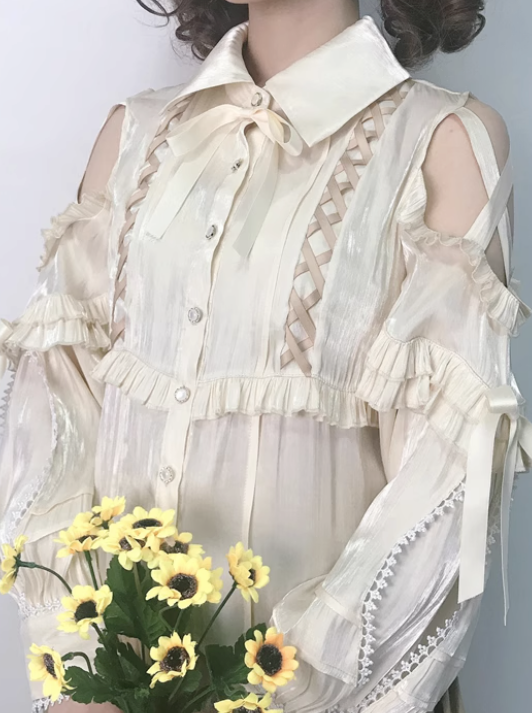 open ribbon shoulder frill shirt
