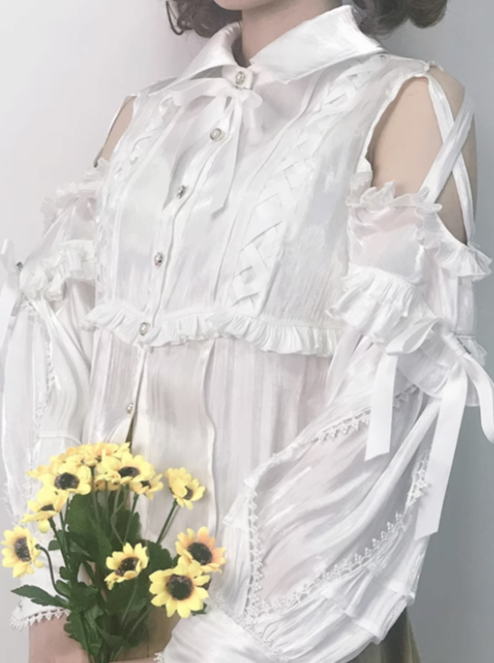 open ribbon shoulder frill shirt