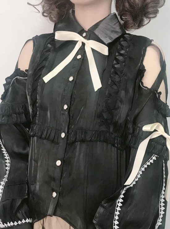 open ribbon shoulder frill shirt