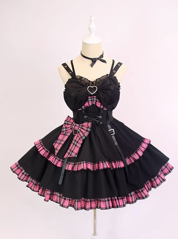 [Reserved product] Heart ribbon check corset sass dress