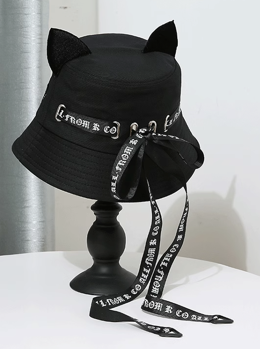 Cat ear logo ribbon strap bucket hat