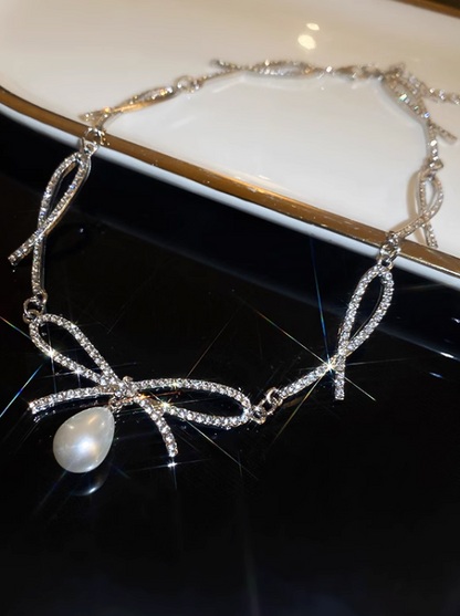 Jewel Ribbon Pearl Necklace