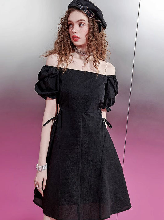 Retro Puff Sleeve French Retro Black A Line Dress