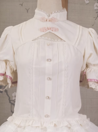 Candy Sleeve Ribbon Cheongsam Tops + Flower Ribbon Chiffon Tiered Princess Dress 