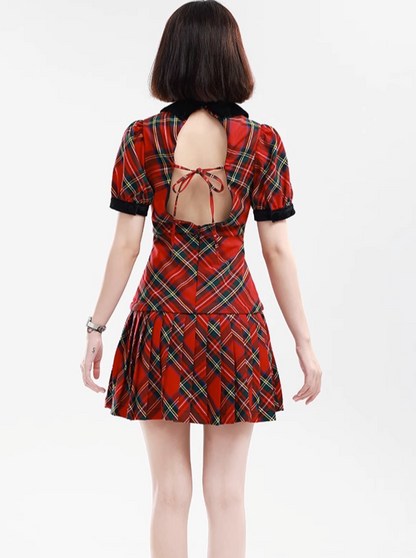 French Red check college dress