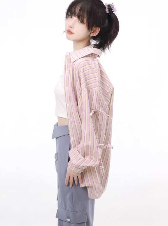 Side Ribbon Stripe Print Shirt