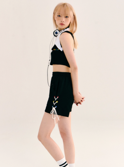 Black Sports Casual Tops + Lace Up Short Pants