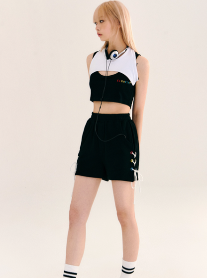 Black Sports Casual Tops + Lace Up Short Pants