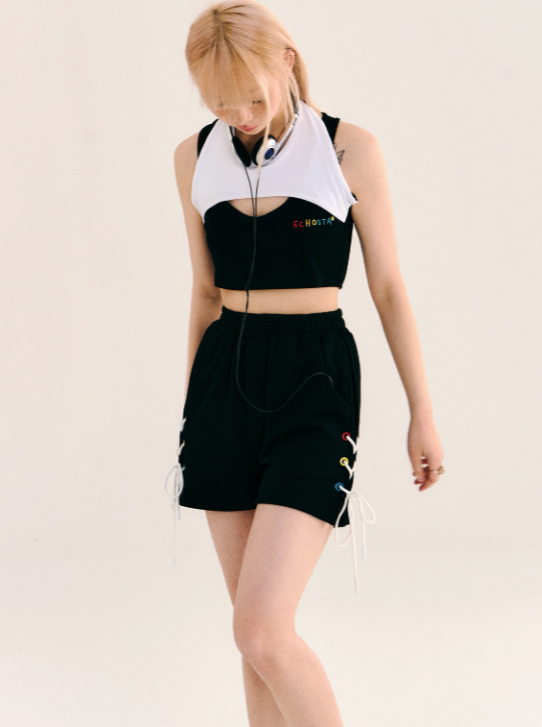 Black Sports Casual Tops + Lace Up Short Pants