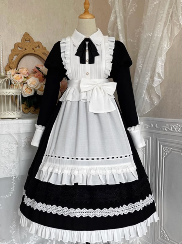 Front ribbon lantern long sleeve maid dress + frill big ribbon apron