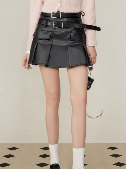 Retro high-end double belt leather skirt