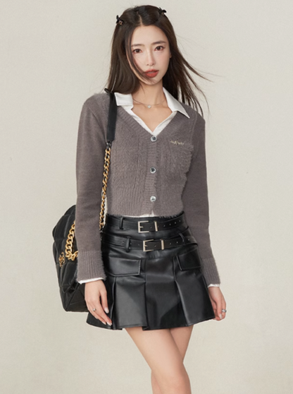 Retro high-end double belt leather skirt