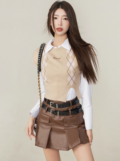 Retro high-end double belt leather skirt