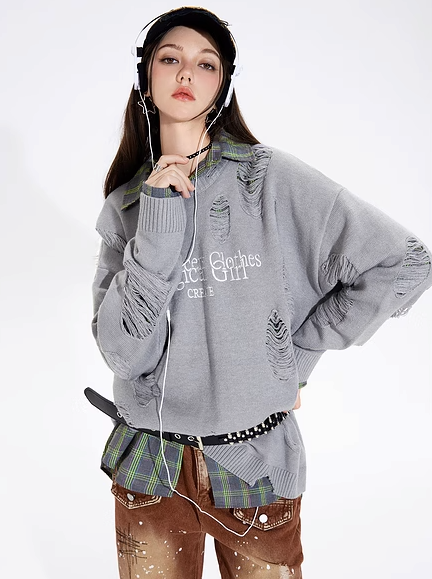 Damaged punk mode knit top