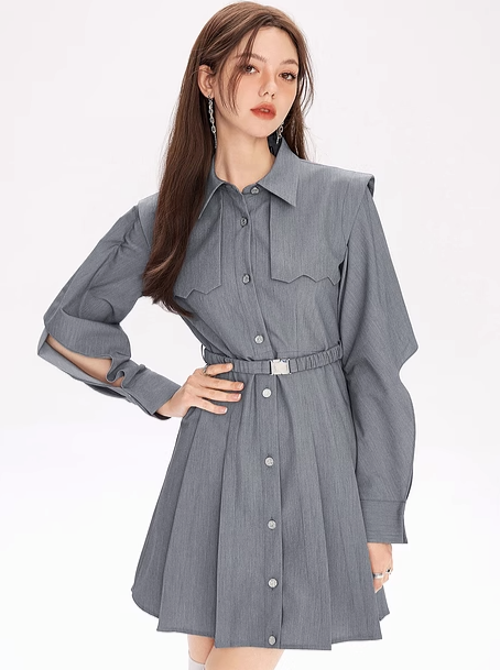 ウエストデザインプリーツワンピース