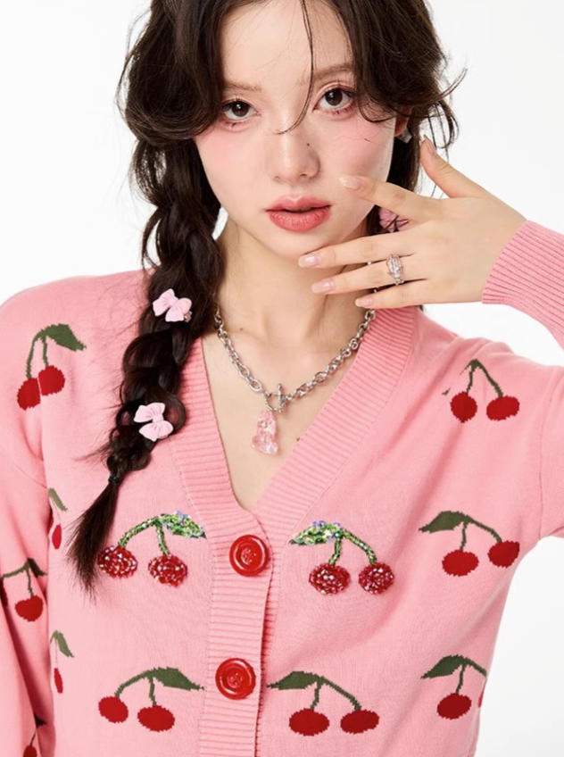 Cherry V-Neck Short Knit Cardigan