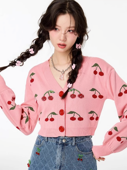 Cherry V-Neck Short Knit Cardigan