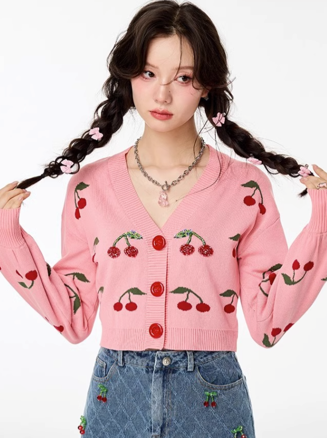 Cherry V-Neck Short Knit Cardigan