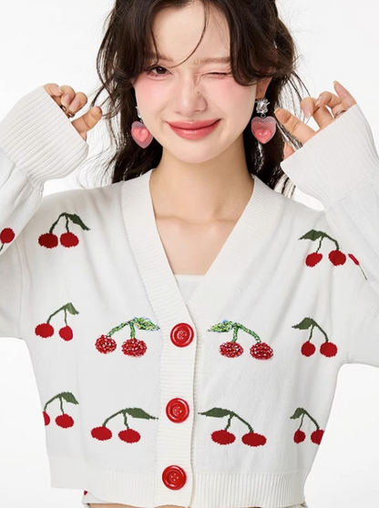 Cherry V-Neck Short Knit Cardigan