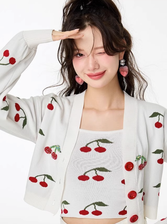 Cherry V-Neck Short Knit Cardigan