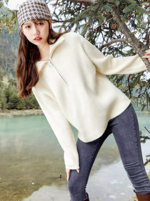 Zipper Drop Shoulder Sleeve Pullover Top