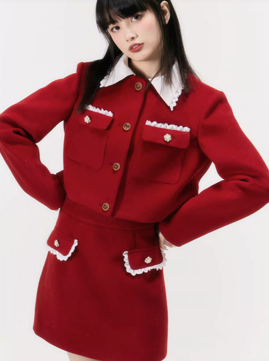 Christmas red jacket + tight mini skirt