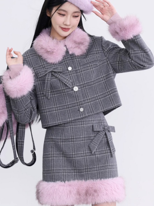 Pink Fur Check Jacket + Pink Fur Ribbon Skirt
