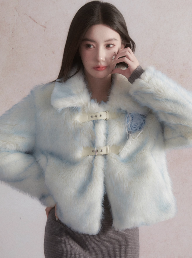 Ice Blue Flower Fur Coat