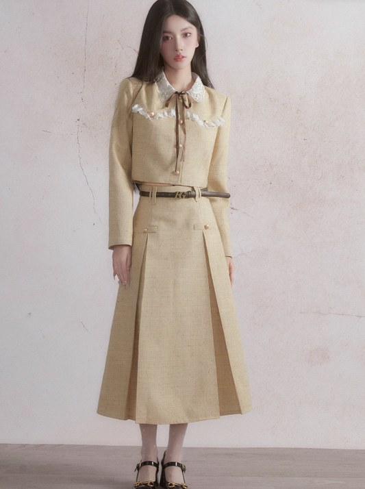 레트로 쇼트 재킷 + 미디엄 플레어 스커트