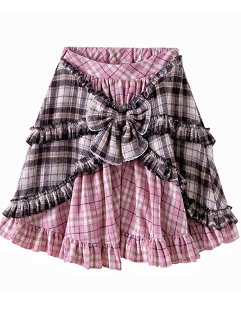 Check Big Ribbon Asymmetrical Ruffle Skirt