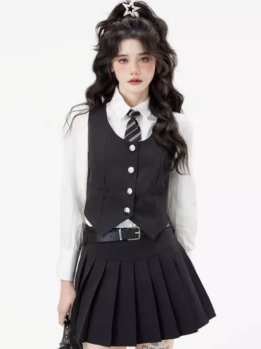 Retro college vest + shirt + pleated skirt + tie