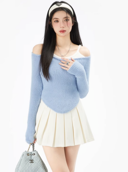 One-shoulder faux two-piece knit